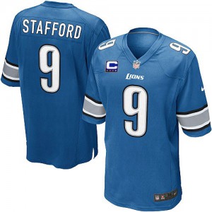 Jeunes Lions de Detroit Nike # 9 Matthew Stafford Élite Light Bleu équipe couleur C Patch NFL Maillot Magasin