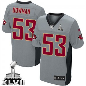 Hommes Nike San Francisco 49ers # 53 NaVorro Bowman Élite gris ombre Super Bowl XLVII NFL Maillot Magasin