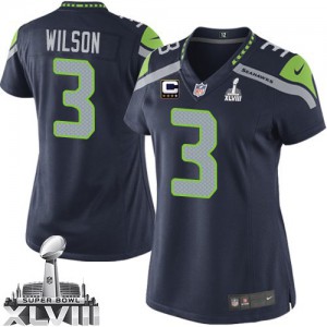 Femmes Nike Seattle Seahawks # 3 bleu acier de Russell Wilson Élite équipe couleur C Patch Super Bowl XLVIII NFL Maillot Magasin