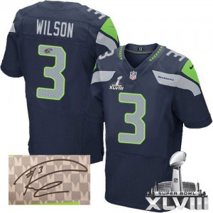 Hommes Nike Seattle Seahawks # 3 Russell Wilson Élite bleu acier équipe couleur autographié Super Bowl XLVIII NFL Maillot Magasi