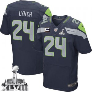 Hommes Nike Seattle Seahawks # 24 Marshawn Lynch élite acier bleu équipe couleur C Patch Super Bowl XLVIII NFL Maillot Magasin